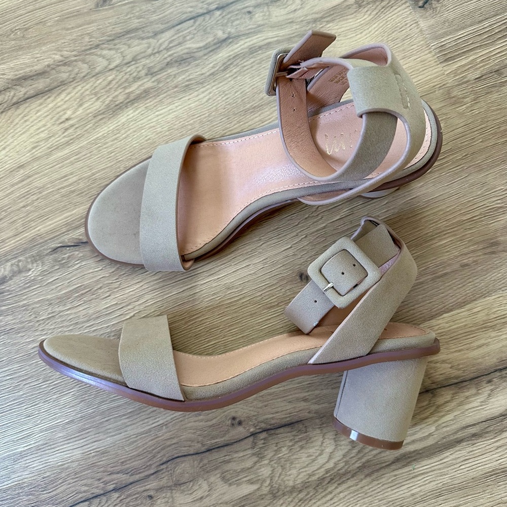 Vici Beige Block Heel Ankle Strap Sandals